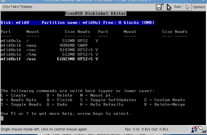 Fdisk the new FreeBSD installation with Remote Management Console